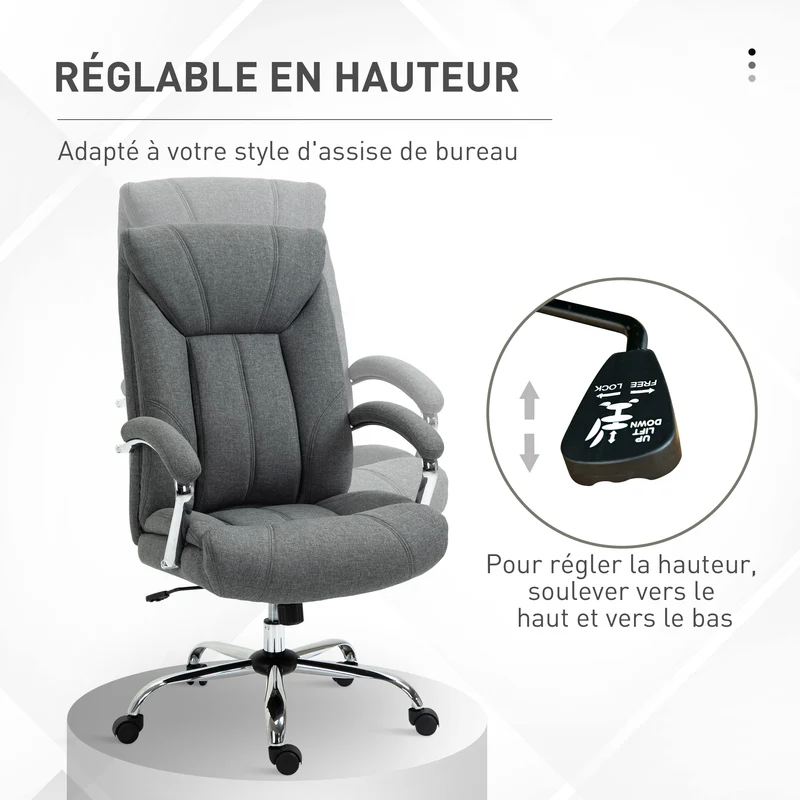 Fauteuil de bureau dossier haut ergonomique 65 x 78 x 118 cm réglable fonction bascule moderne épuré bureau en lin gris 21_0006209