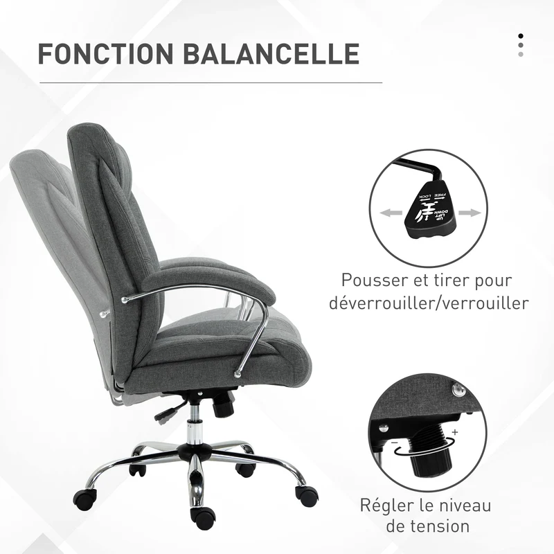 Fauteuil de bureau dossier haut ergonomique 65 x 78 x 118 cm réglable fonction bascule moderne épuré bureau en lin gris 21_0006209