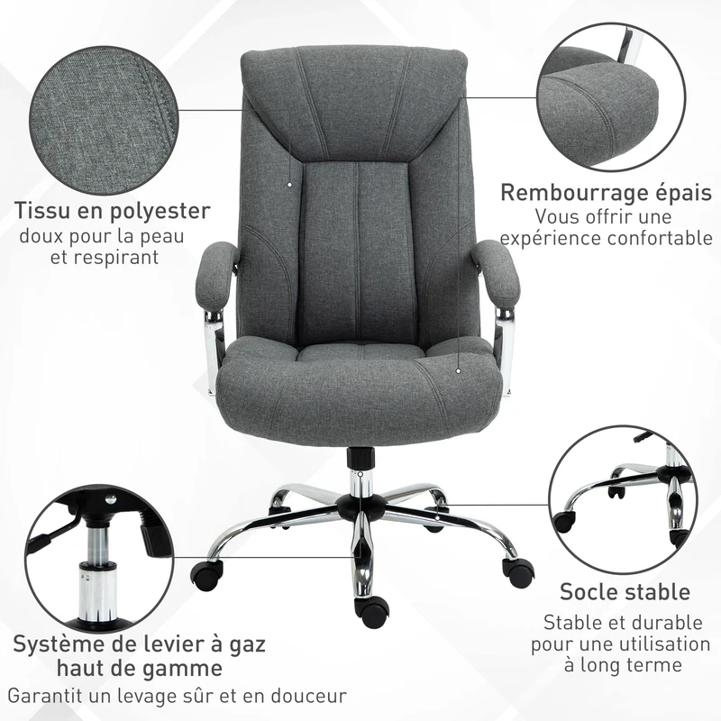 Fauteuil de bureau dossier haut ergonomique 65 x 78 x 118 cm réglable fonction bascule moderne épuré bureau en lin gris 21_0006209