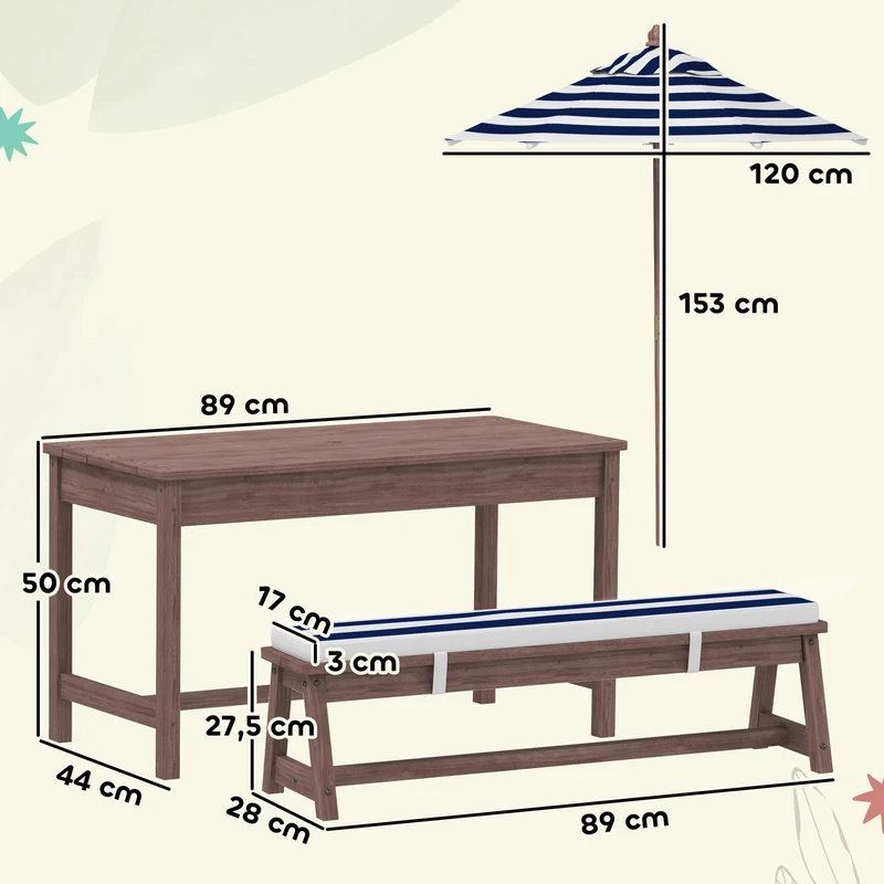 Ensemble salon de jardin enfant 3+ans table et bancs 89 x 44 x 50 cm parasol amovible coussins scandinave en bois marron 21_0000744