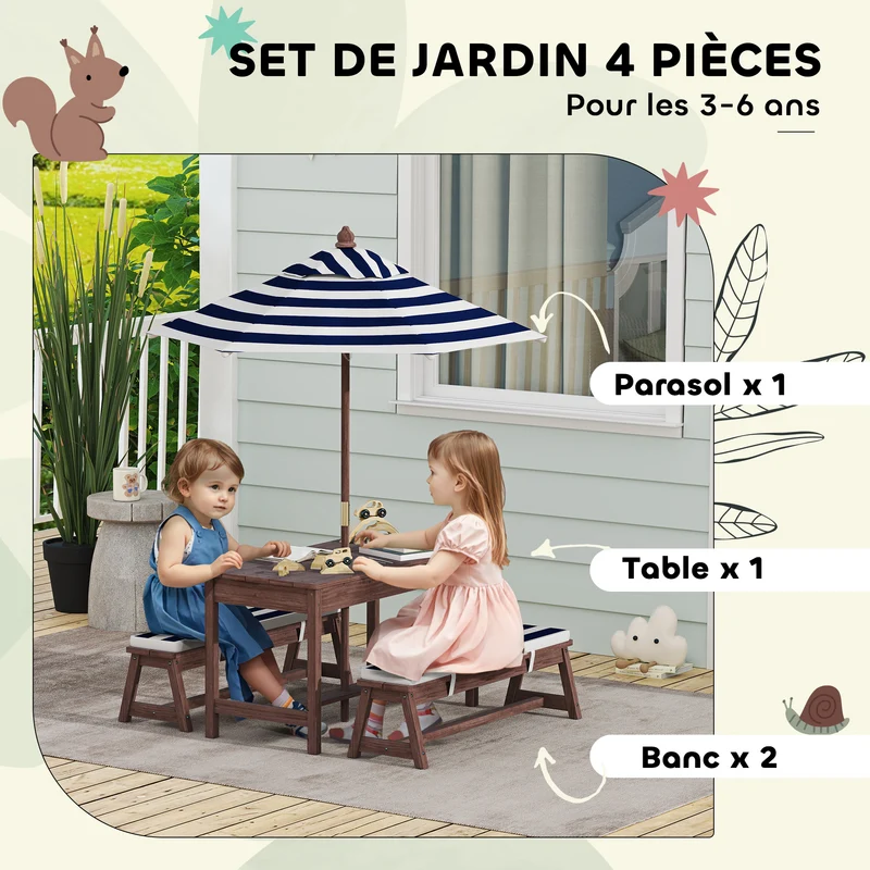 Ensemble salon de jardin enfant 3+ans table et bancs 89 x 44 x 50 cm parasol amovible coussins scandinave en bois marron 21_0000744