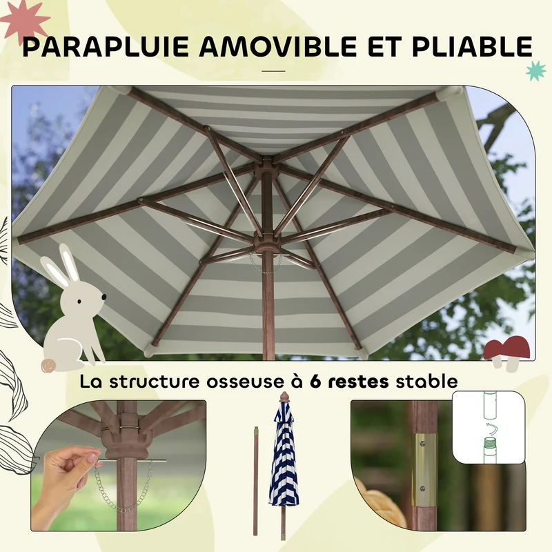Ensemble salon de jardin enfant 3+ans table et bancs 89 x 44 x 50 cm parasol amovible coussins scandinave en bois marron 21_0000744