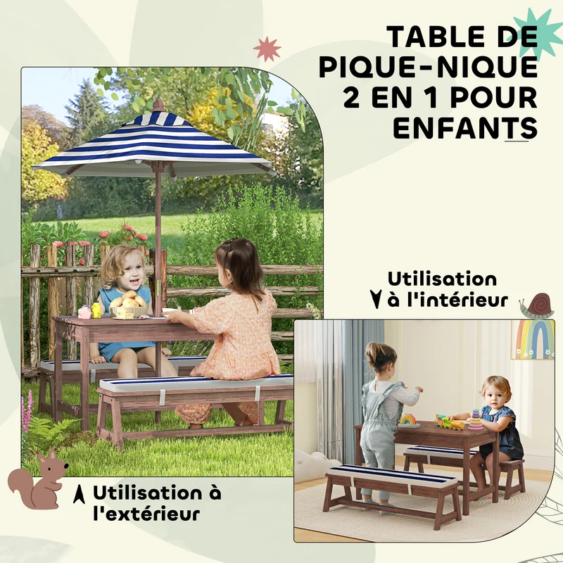 Ensemble salon de jardin enfant 3+ans table et bancs 89 x 44 x 50 cm parasol amovible coussins scandinave en bois marron 21_0000744