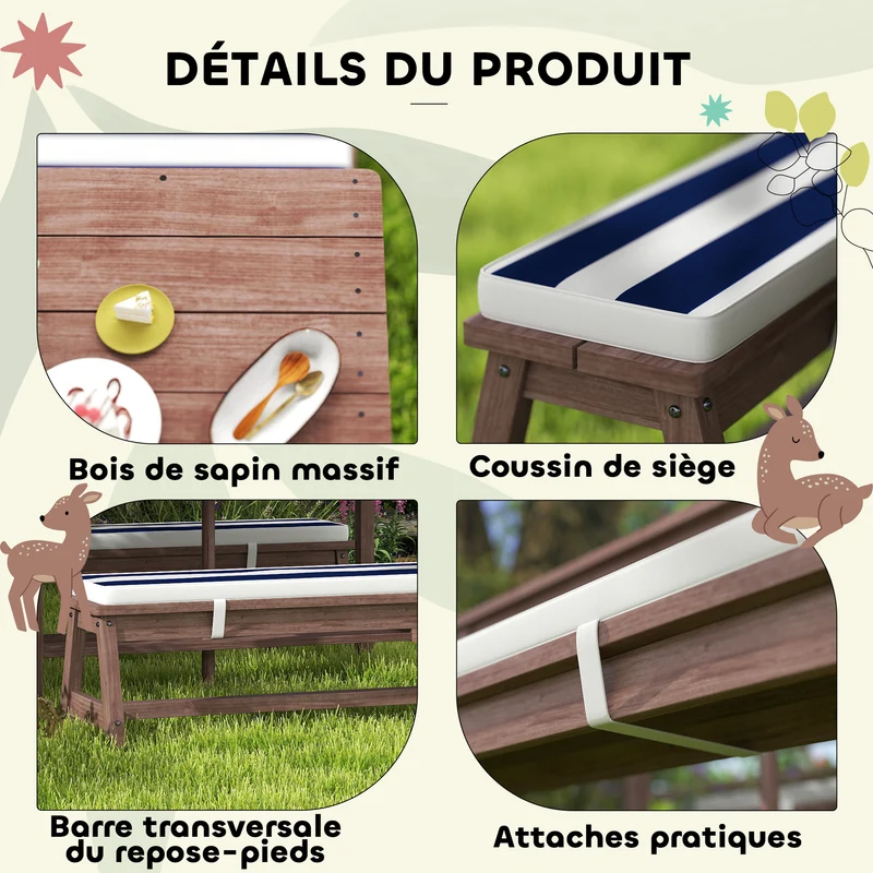 Ensemble salon de jardin enfant 3+ans table et bancs 89 x 44 x 50 cm parasol amovible coussins scandinave en bois marron 21_0000744