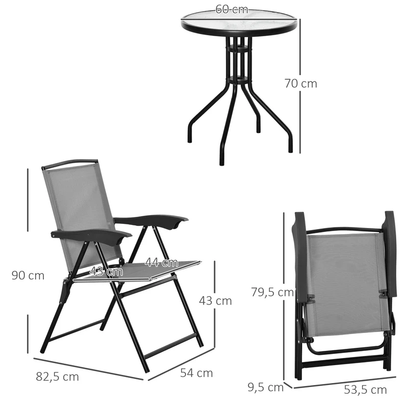 Ensemble de jardin 3 pièces 90 x 60 x 70 cm chaises pliables multi positions gain de place contemporain en métal gris 21_0004604