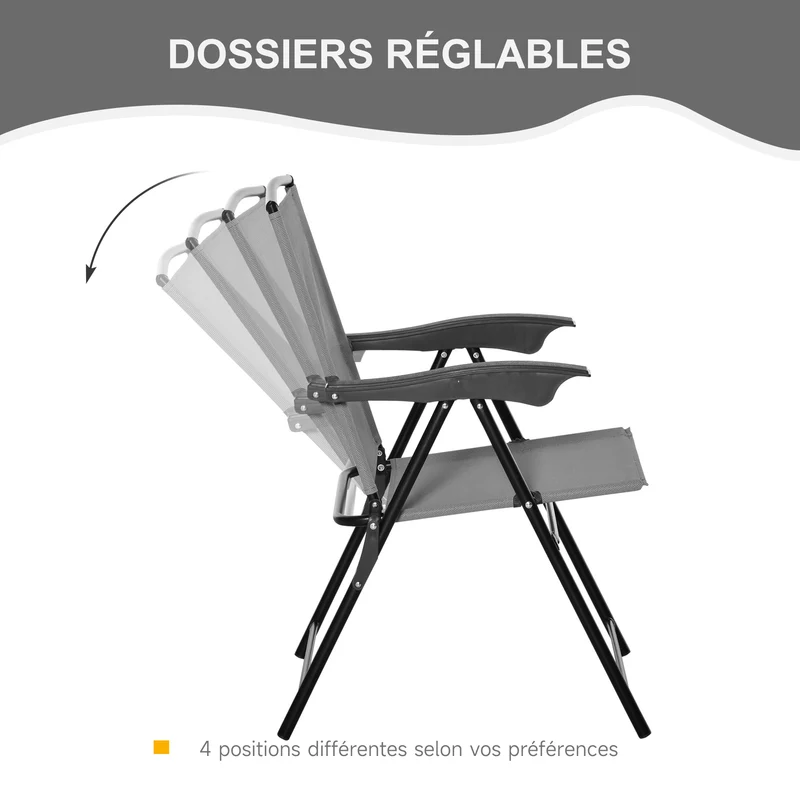 Ensemble de jardin 3 pièces 90 x 60 x 70 cm chaises pliables multi positions gain de place contemporain en métal gris 21_0004604