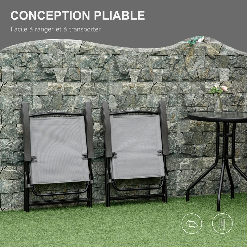 Ensemble de jardin 3 pièces 90 x 60 x 70 cm chaises pliables multi positions gain de place contemporain en métal gris 21_0004604