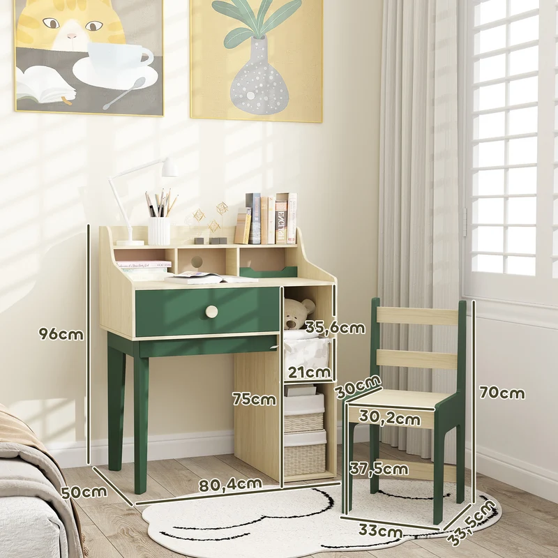 Ensemble bureau et chaise pour enfants 80 x 50 x 96 cm rangement intégré assise adaptée scandinave moderne en MDF vert 21_0000216