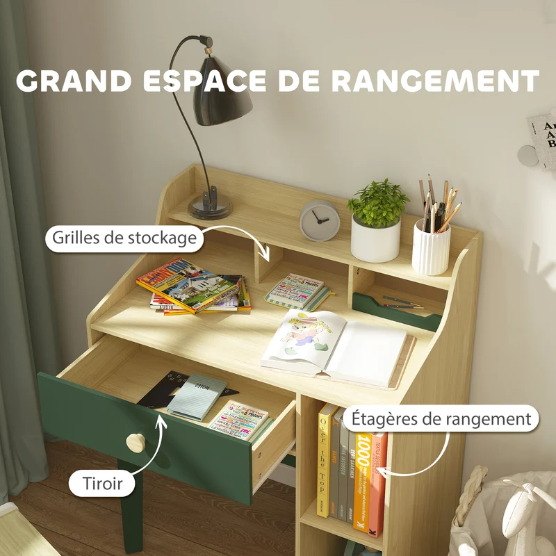 Ensemble bureau et chaise pour enfants 80 x 50 x 96 cm rangement intégré assise adaptée scandinave moderne en MDF vert 21_0000216