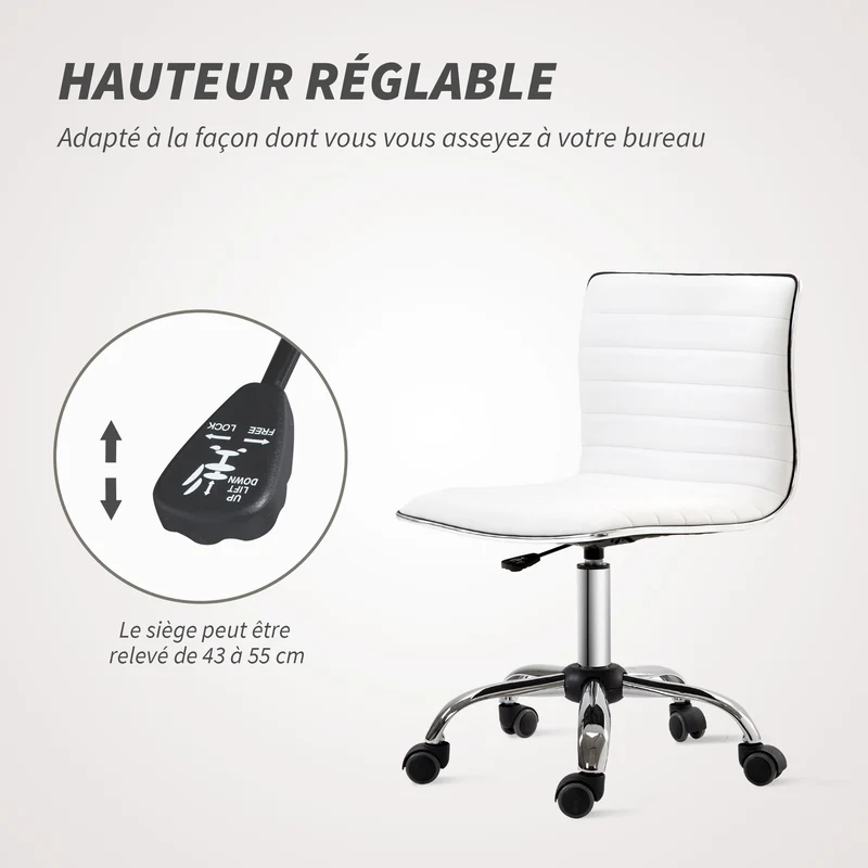 Chaise de bureau sans accoudoirs hauteur réglable 48 x 52 x 78-90 cm assise rembourrée contemporain épuré en PU blanc 21_0006145