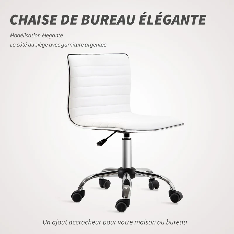 Chaise de bureau sans accoudoirs hauteur réglable 48 x 52 x 78-90 cm assise rembourrée contemporain épuré en PU blanc 21_0006145