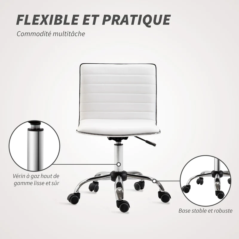 Chaise de bureau sans accoudoirs hauteur réglable 48 x 52 x 78-90 cm assise rembourrée contemporain épuré en PU blanc 21_0006145