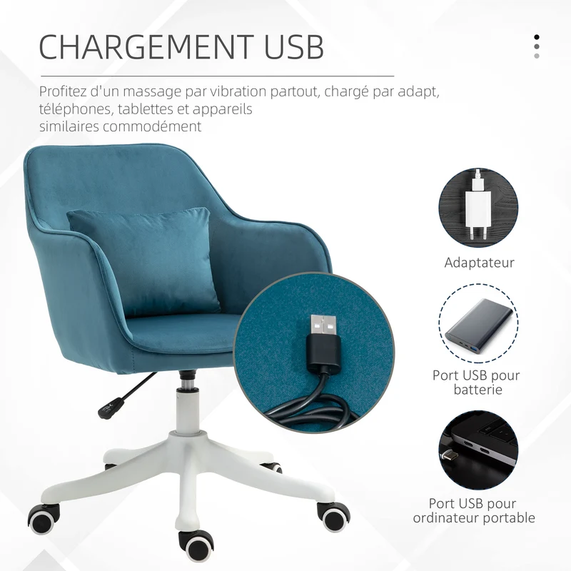 Chaise de bureau 55 x 70 x 78-86 cm pivotante 360° massante coussin lombaire réglable contemporain en polyester bleu 21_0006183