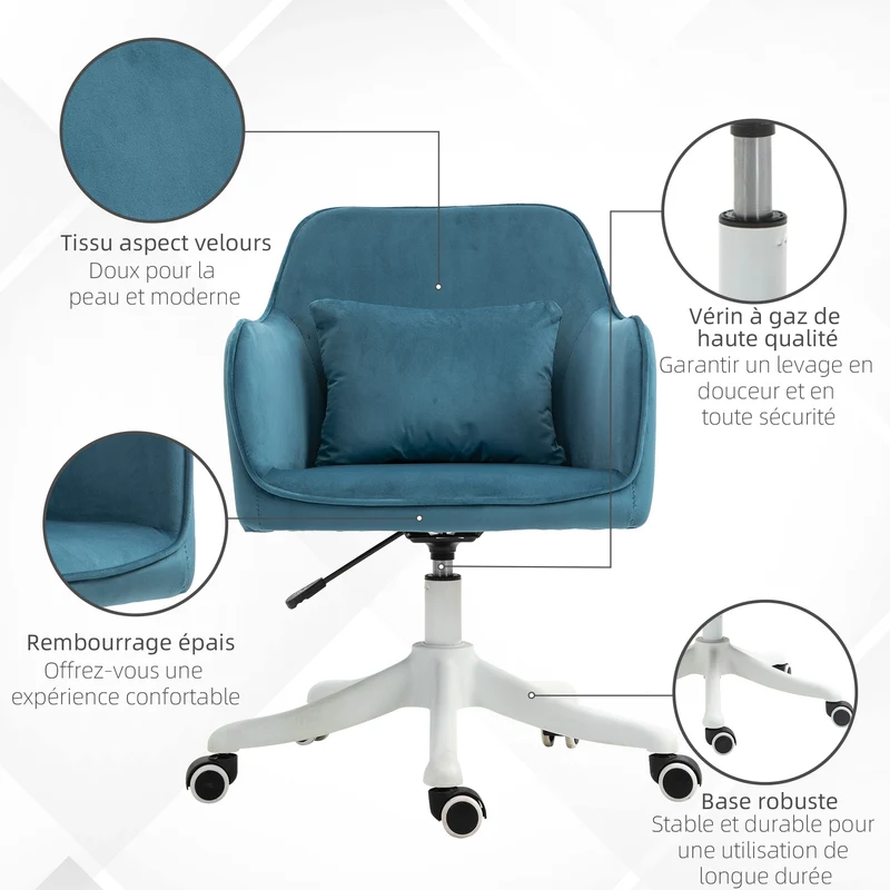 Chaise de bureau 55 x 70 x 78-86 cm pivotante 360° massante coussin lombaire réglable contemporain en polyester bleu 21_0006183
