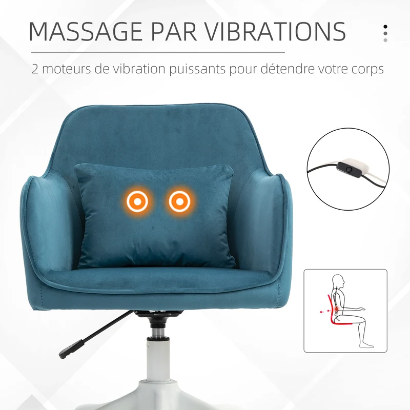Chaise de bureau 55 x 70 x 78-86 cm pivotante 360° massante coussin lombaire réglable contemporain en polyester bleu 21_0006183
