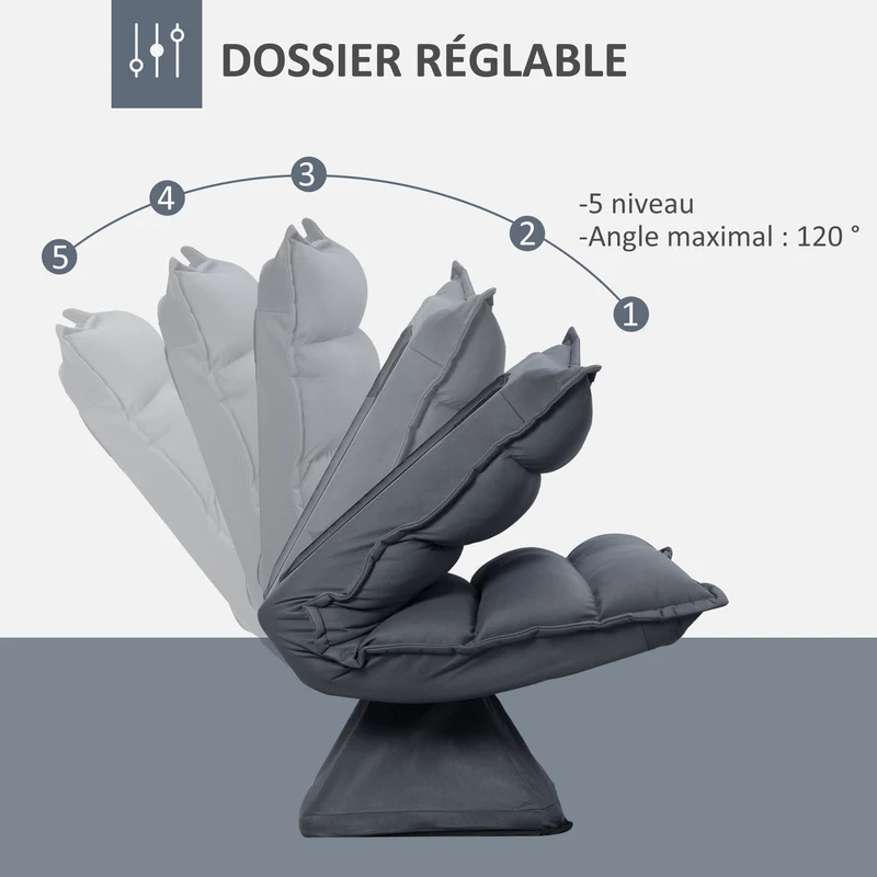 Fauteuil de sol pivotant 360° dossier réglable 62 x 70 x 95 cm assise épaisse design capitonné en microfibre gris foncé 21_0003080