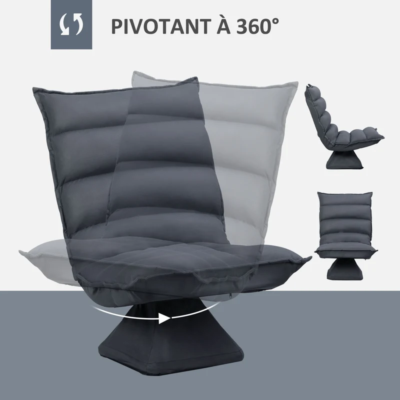 Fauteuil de sol pivotant 360° dossier réglable 62 x 70 x 95 cm assise épaisse design capitonné en microfibre gris foncé 21_0003080