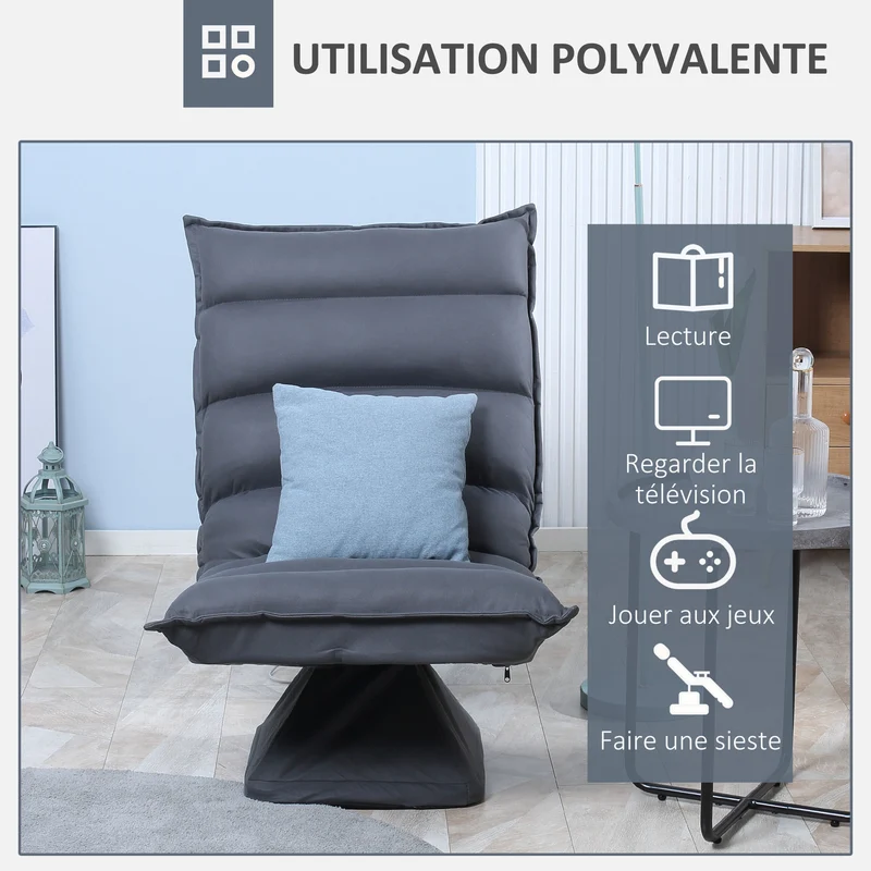 Fauteuil de sol pivotant 360° dossier réglable 62 x 70 x 95 cm assise épaisse design capitonné en microfibre gris foncé 21_0003080