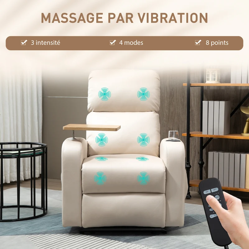 Fauteuil de relaxation massant 77 x 93 x 105 cm inclinable 145° repose-pieds escamotable moderne en microfibre beige 21_0000821