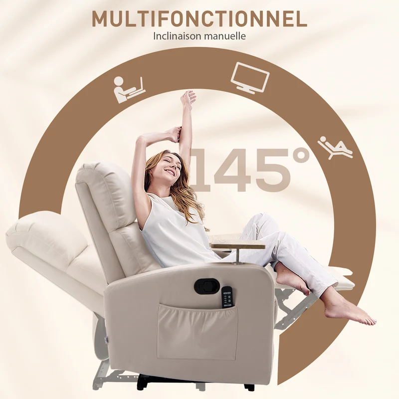 Fauteuil de relaxation massant 77 x 93 x 105 cm inclinable 145° repose-pieds escamotable moderne en microfibre beige 21_0000821