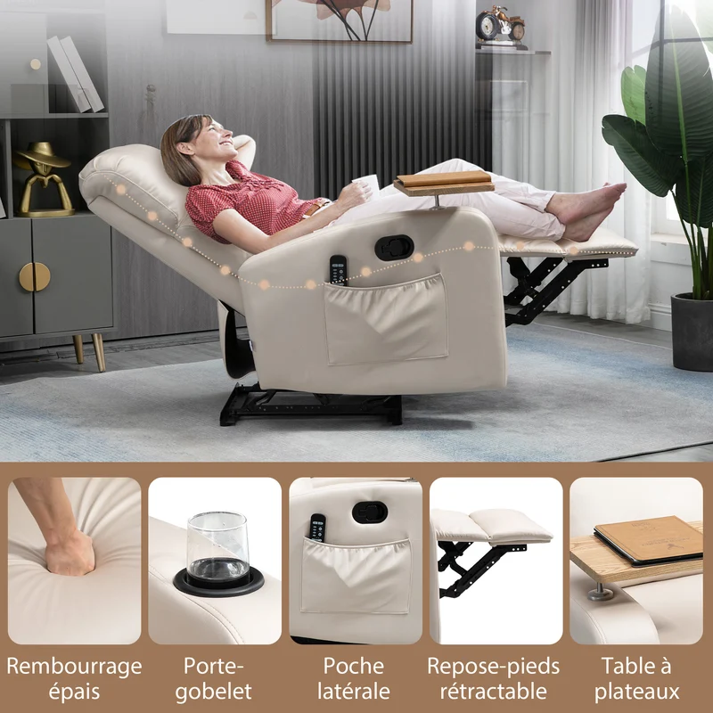 Fauteuil de relaxation massant 77 x 93 x 105 cm inclinable 145° repose-pieds escamotable moderne en microfibre beige 21_0000821