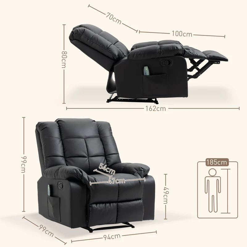 Fauteuil de massage relaxation 94 x 99 x 99 cm 8 points de massage dossier inclinable 165° moderne en simili cuir noir 21_0000819