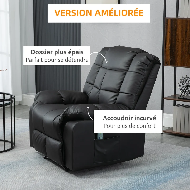 Fauteuil de massage relaxation 94 x 99 x 99 cm 8 points de massage dossier inclinable 165° moderne en simili cuir noir 21_0000819