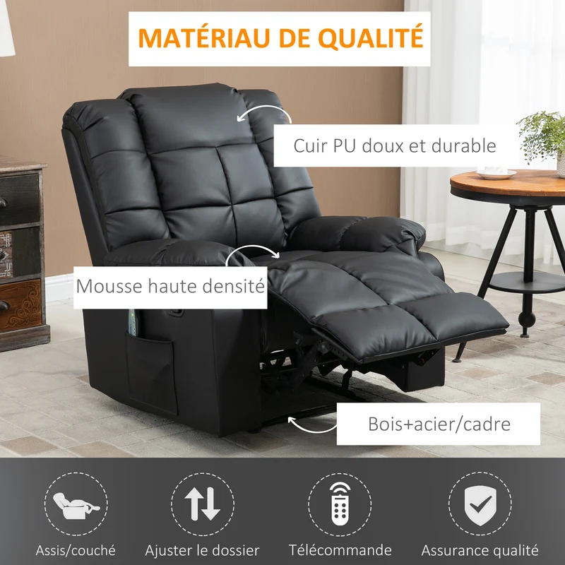 Fauteuil de massage relaxation 94 x 99 x 99 cm 8 points de massage dossier inclinable 165° moderne en simili cuir noir 21_0000819