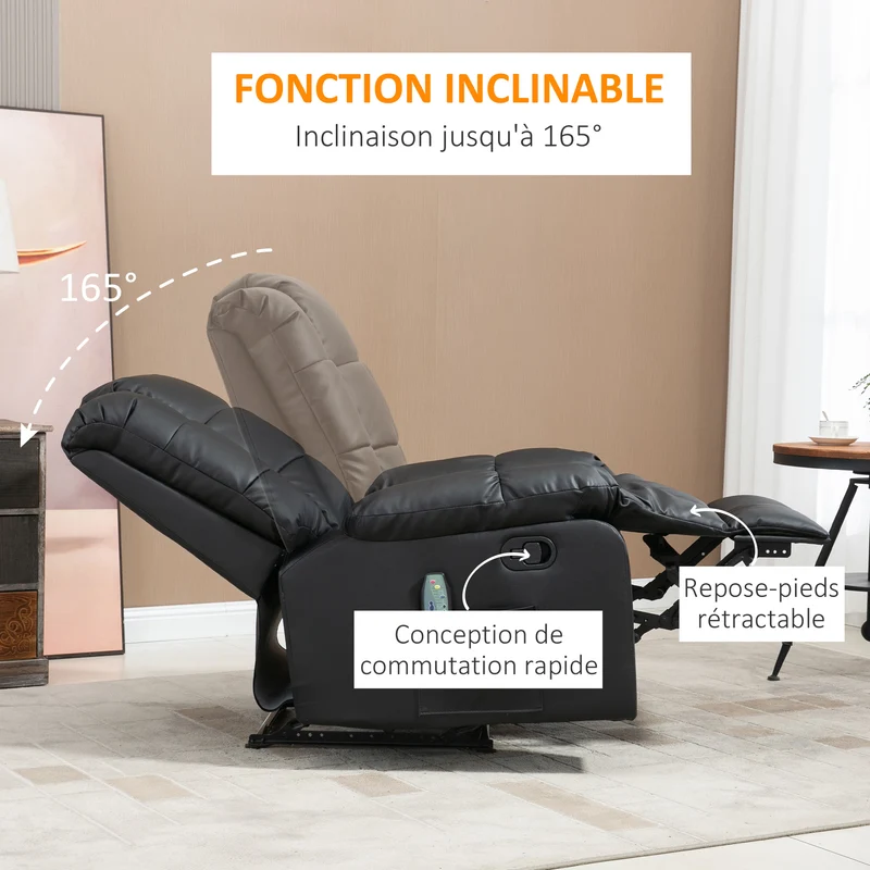 Fauteuil de massage relaxation 94 x 99 x 99 cm 8 points de massage dossier inclinable 165° moderne en simili cuir noir 21_0000819