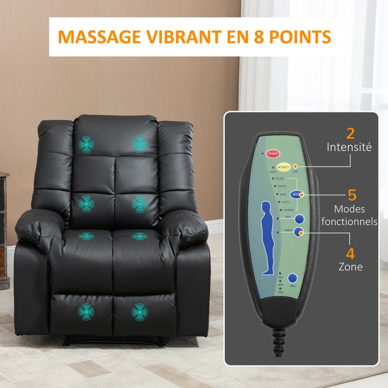 Fauteuil de massage relaxation 94 x 99 x 99 cm 8 points de massage dossier inclinable 165° moderne en simili cuir noir 21_0000819