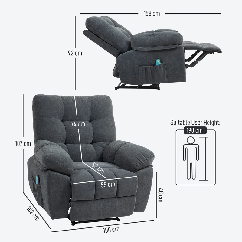 Fauteuil de massage relax inclinable salon 100 x 158 x 92 cm chauffant 8 points vibration contemporain en chenille gris 21_0000830