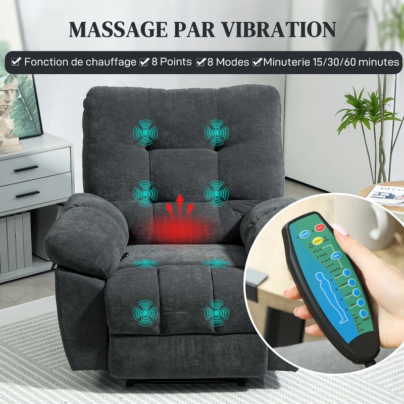 Fauteuil de massage relax inclinable salon 100 x 158 x 92 cm chauffant 8 points vibration contemporain en chenille gris 21_0000830