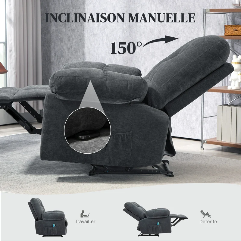 Fauteuil de massage relax inclinable salon 100 x 158 x 92 cm chauffant 8 points vibration contemporain en chenille gris 21_0000830