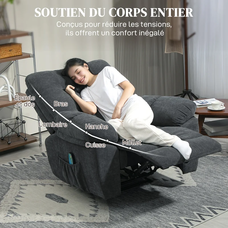 Fauteuil de massage relax inclinable salon 100 x 158 x 92 cm chauffant 8 points vibration contemporain en chenille gris 21_0000830