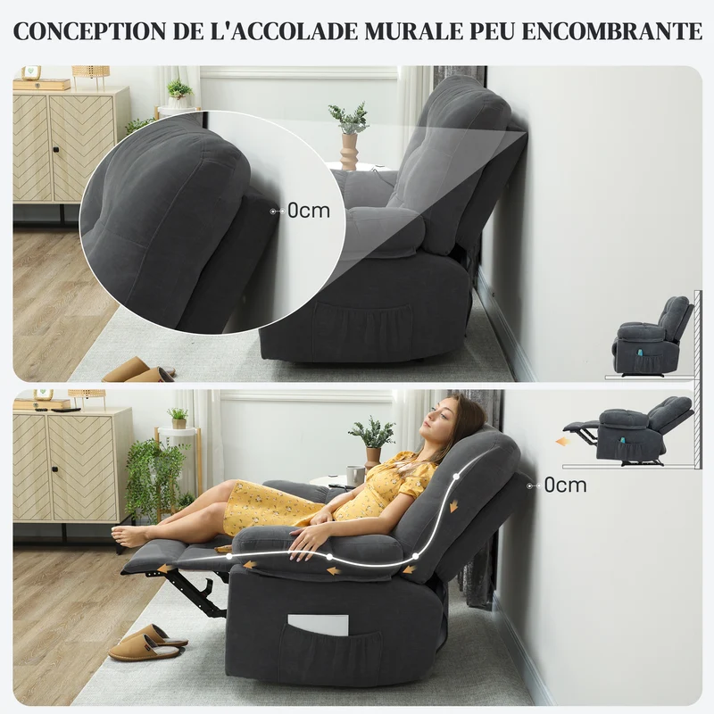 Fauteuil de massage relax inclinable salon 100 x 158 x 92 cm chauffant 8 points vibration contemporain en chenille gris 21_0000830