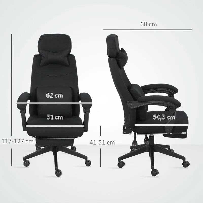 Fauteuil de bureau repose pied pliable 62 x 68 x 127 cm assise réglable pivotant 360 design contemporain en lin noir 21_0006179