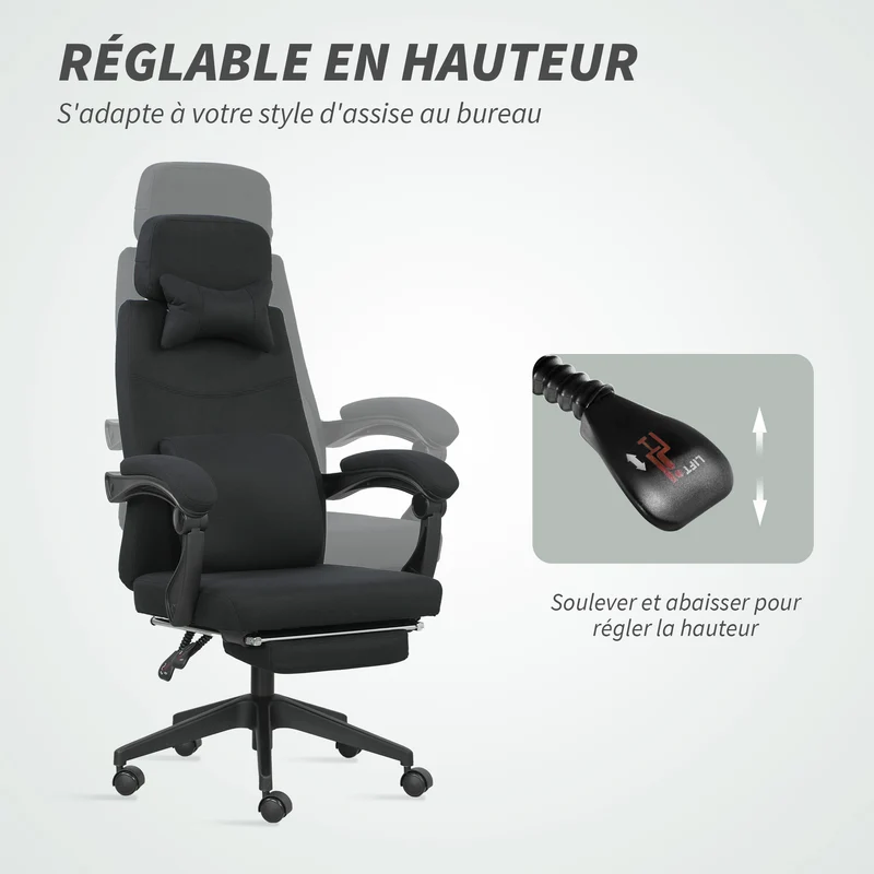Fauteuil de bureau repose pied pliable 62 x 68 x 127 cm assise réglable pivotant 360 design contemporain en lin noir 21_0006179