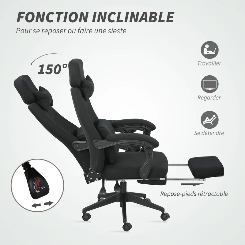 Fauteuil de bureau repose pied pliable 62 x 68 x 127 cm assise réglable pivotant 360 design contemporain en lin noir 21_0006179