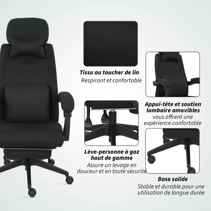 Fauteuil de bureau repose pied pliable 62 x 68 x 127 cm assise réglable pivotant 360 design contemporain en lin noir 21_0006179