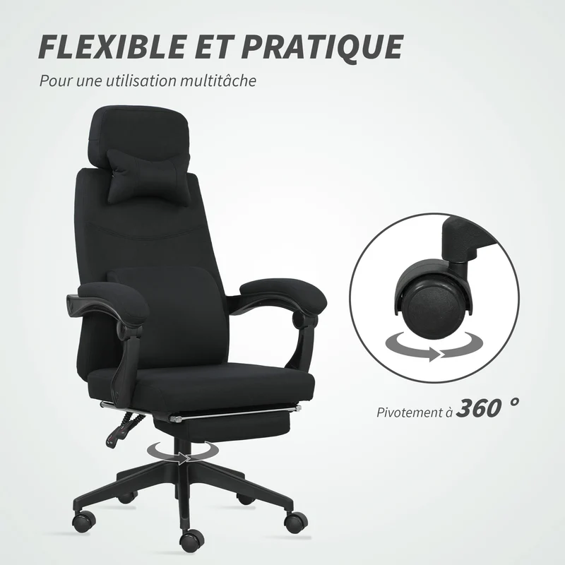 Fauteuil de bureau repose pied pliable 62 x 68 x 127 cm assise réglable pivotant 360 design contemporain en lin noir 21_0006179