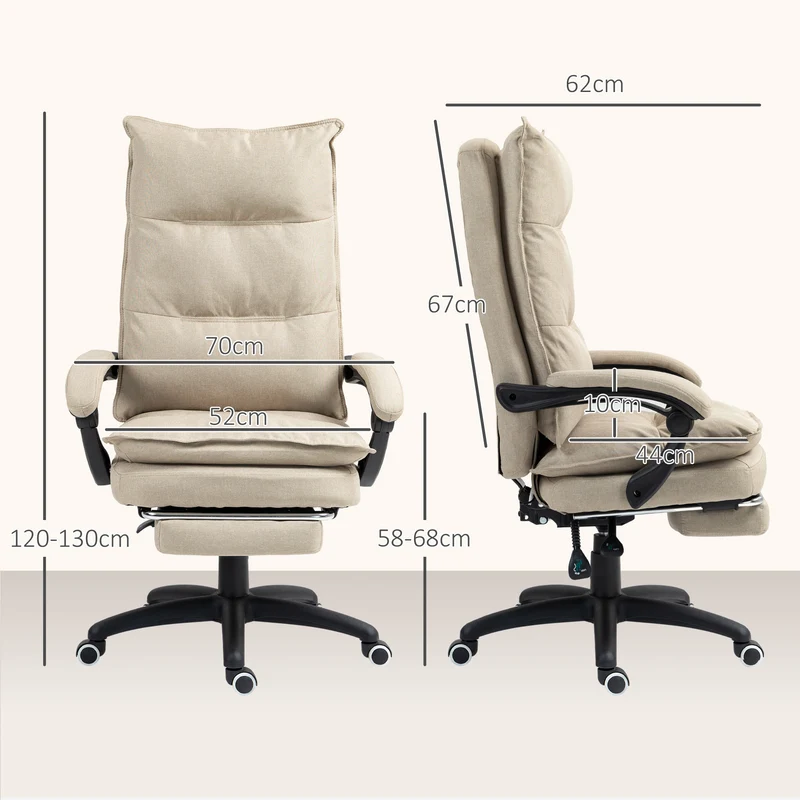 Fauteuil de bureau massant 70 x 62 x 120 cm réglable 58-68 cm inclinable 135° moderne épuré en toile de lin beige clair 21_0006174