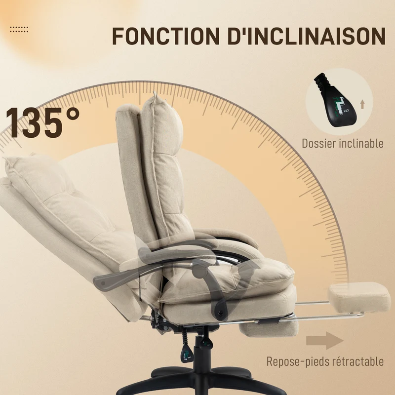 Fauteuil de bureau massant 70 x 62 x 120 cm réglable 58-68 cm inclinable 135° moderne épuré en toile de lin beige clair 21_0006174