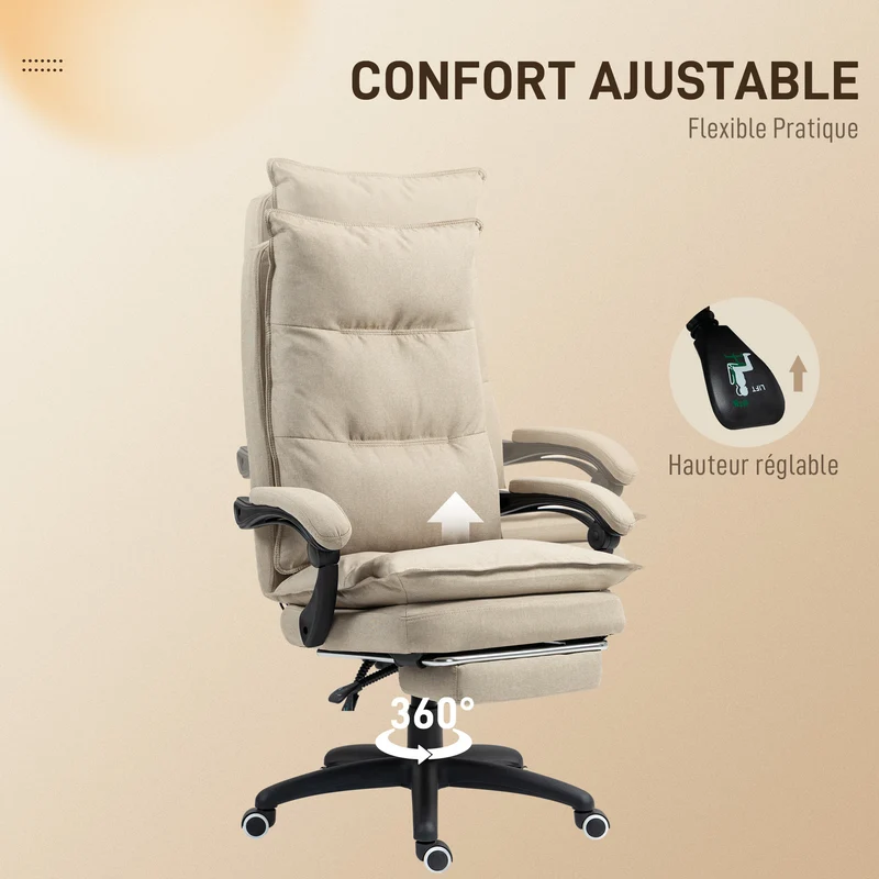 Fauteuil de bureau massant 70 x 62 x 120 cm réglable 58-68 cm inclinable 135° moderne épuré en toile de lin beige clair 21_0006174
