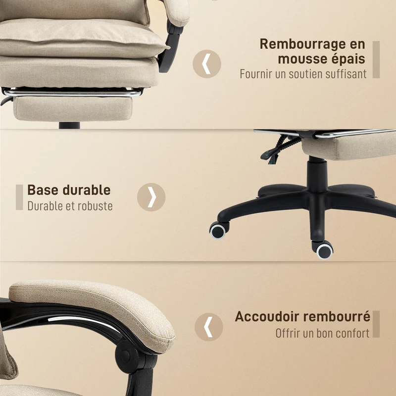 Fauteuil de bureau massant 70 x 62 x 120 cm réglable 58-68 cm inclinable 135° moderne épuré en toile de lin beige clair 21_0006174
