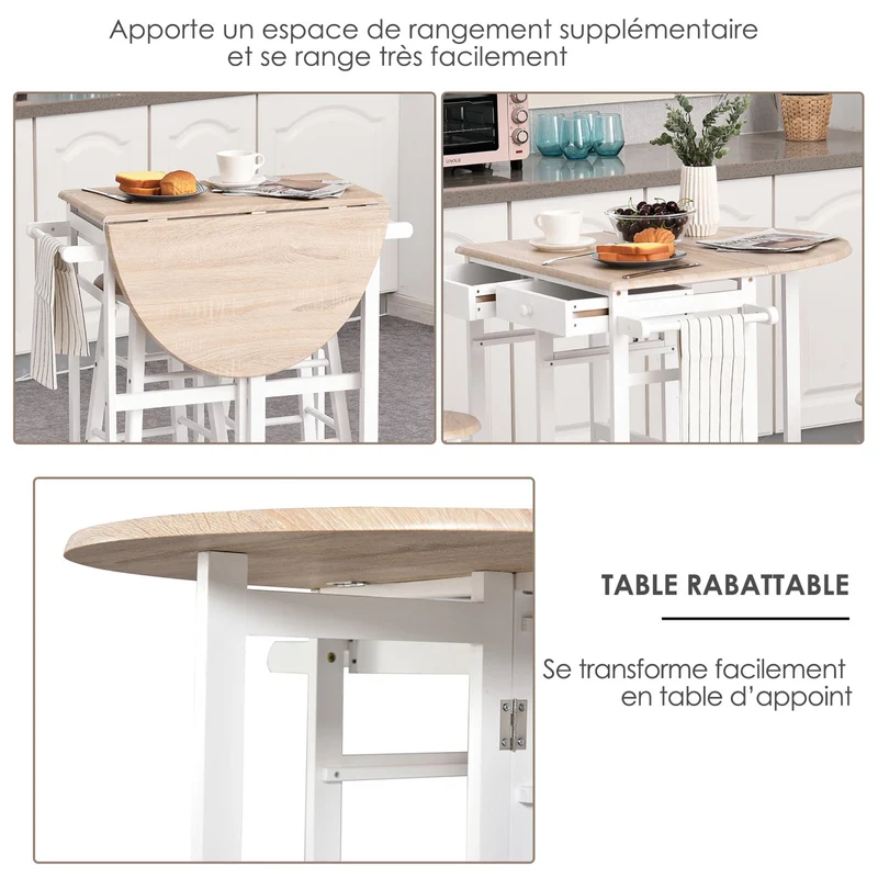 Ensemble table de bar pliable avec 2 tabourets 83.5 x 74 x 83 cm gain de place modulable contemporain cosy en MDF blanc 21_0000988
