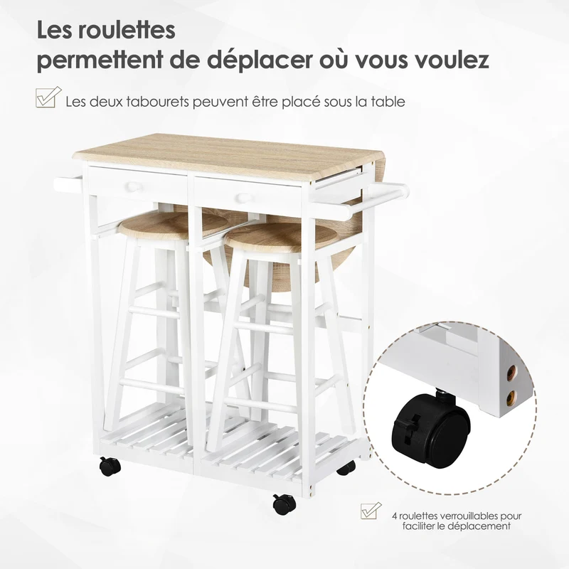 Ensemble table de bar pliable avec 2 tabourets 83.5 x 74 x 83 cm gain de place modulable contemporain cosy en MDF blanc 21_0000988