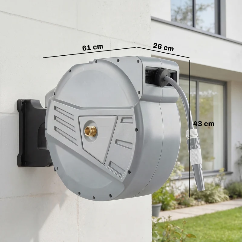 Enrouleur de tuyau mural rétractable 61 x 26 x 43 cm pivotant 180 degrés verrouillage pratique moderne jardin en PP gris 21_0005595