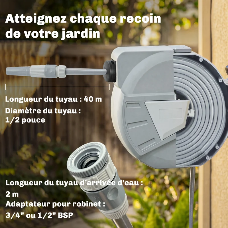 Enrouleur de tuyau mural rétractable 61 x 26 x 43 cm pivotant 180 degrés verrouillage pratique moderne jardin en PP gris 21_0005595