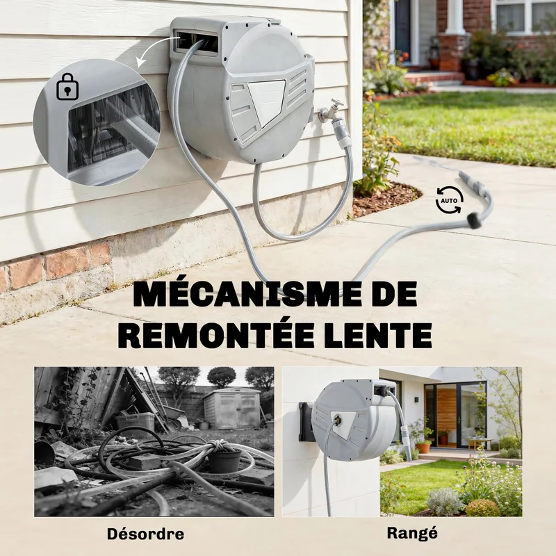 Enrouleur de tuyau mural rétractable 61 x 26 x 43 cm pivotant 180 degrés verrouillage pratique moderne jardin en PP gris 21_0005595