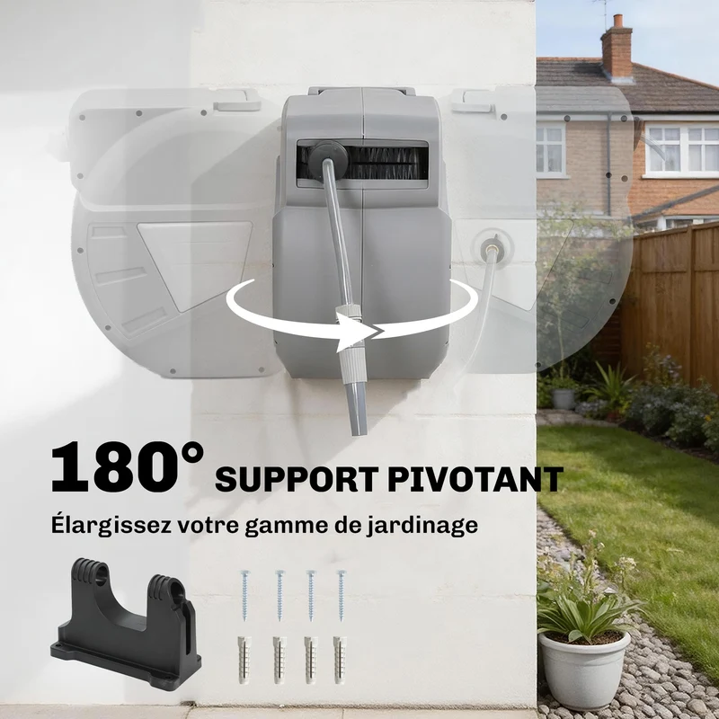 Enrouleur de tuyau mural rétractable 61 x 26 x 43 cm pivotant 180 degrés verrouillage pratique moderne jardin en PP gris 21_0005595